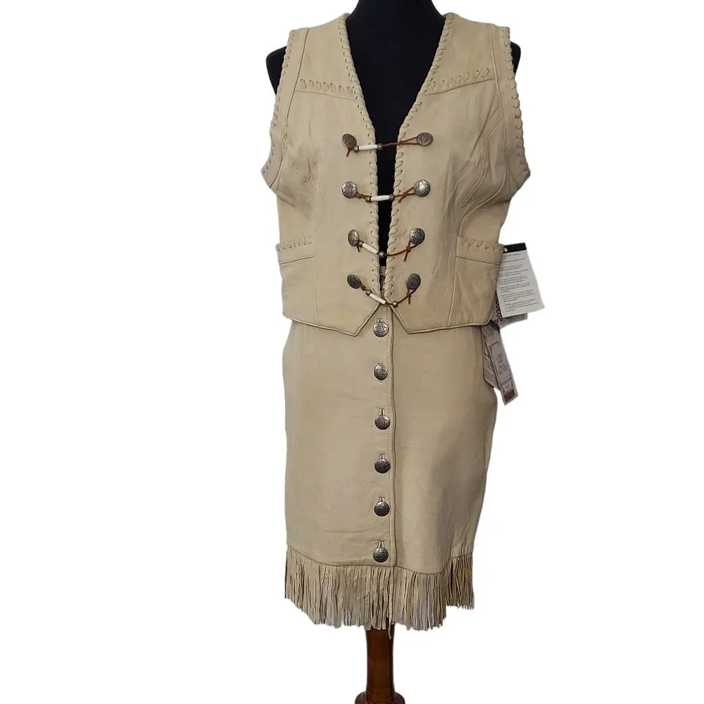 Pioneer Wear Vintage NOS Cream Leather Button Down Front Fringed A-Line Skirt‎